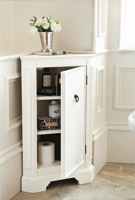 20 Corner Cabinets to Make a Clutter-Free Bathroom Space | Home Design Lover Small Corner Cabinet, White Bathroom Storage Cabinet, Corner Bathroom Cabinet, Bathroom Corner Cabinet, Bathroom Corner Storage, White Bathroom Storage, Future Bathroom, Bathroom Floor Storage Cabinet, Storage Utility