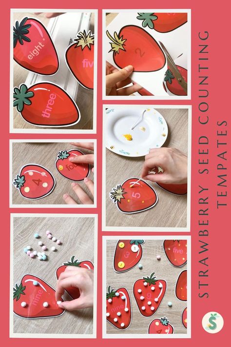 How many strawberry seeds go on the strawberry? Practice counting with these Strawberry Seed Counting Templates! Choose either of the two formats included in the templates–written numbers or number symbols–or use both in conjuction to practice reading as well! Number Symbols, Strawberry Crafts, Pompom Balls, Learning Games For Toddlers, Strawberry Seeds, Laminating Machine, Preschool Art Projects, Strawberry Seed, Practice Reading