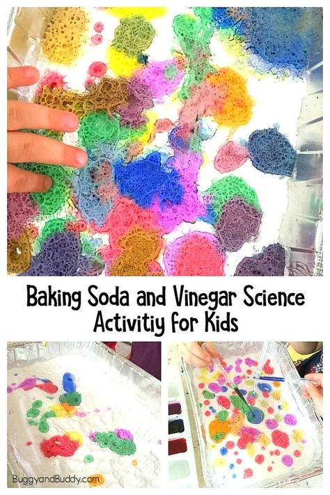 Explore colorful chemical reactions with baking soda and vinegar! A fun hands-on science / STEAM activity for preschool and kindergarten! #science #scienceforkids #steam #chemicalreactions #preschool #preschoolscience #kindergarten #kindergartenscience #buggyandbuddy #color #colormixing Experiment For Preschool, Reggio Atelier, Superhero Class, September Lessons, Stem Activities Preschool, Kindergarten Stem, Summer Stem, Steam Activity, Baking Soda And Vinegar