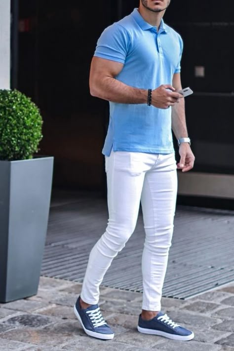 White Jeans Outfit Men, Mens Casual Suits, Jeans Outfit Men, White Jeans Men, White Jeans Outfit, Mens Summer Outfits, Mens Casual Outfits Summer, Men Fashion Casual Shirts, Stylish Men Casual