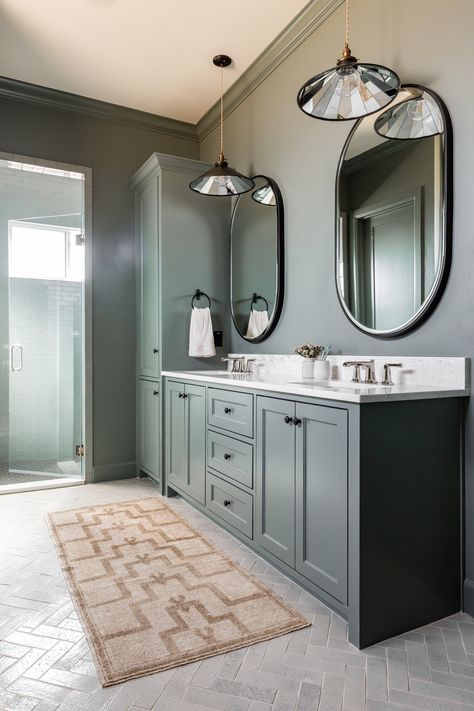 Luxe Bathroom, Grey Bathroom Tiles, Grey Subway Tiles, Fireclay Tile, Transitional Bathroom, Herringbone Floor, Brick Flooring, Inside Design, Dream Bathrooms