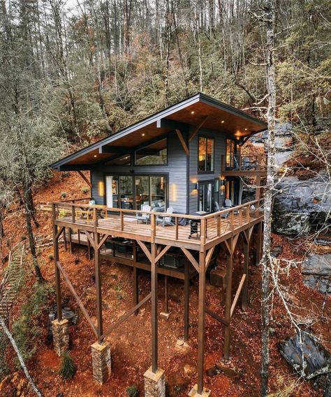 Levi Kelly, Riverside Cabin, Tiny Luxury, Timber Cabin, Cliff Edge, Fishing Shack, Small Cottage Homes, Hillside House, House On Stilts