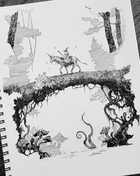 Ink Concept Art, Mythical Sketches, Ink Sketches Sketchbooks, Luke Eidenschink, Rapid Painting, Adventure Sketch, Fantasy Sketchbook, Ink Practice, Story Sketch