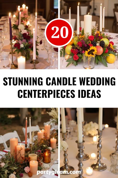 Are you ready to light up your wedding reception? Check out these 20 stunning candle wedding centerpieces ideas that bring warmth and elegance to your big day! From mixed Marsala arrangements to vibrant terracotta-toned candles, every centerpiece adds a unique touch. Whether you're a fan of drippy white tapers or cozy candle and fruit arrangements, these options will inspire your creativity. Perfect for any theme, these arrangements are visually pleasing and create a magical atmosphere. Illuminate your celebration with style and charm! Colored Taper Candles, Cozy Candle, Candelabra Centerpiece, Centerpieces Ideas, Blue Centerpieces, Crystal Candelabra, Marsala Wedding, Candle Wedding Centerpieces, Candle Wedding