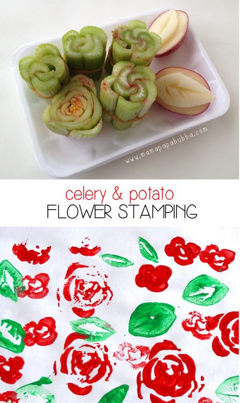 Flower Stamping With Celery and Potatoes - Mama.Papa.Bubba. Galaxy Play Dough, Celery Flower, Vegetable Printing, Group Craft Ideas, Potato Stamps, Flower Stamping, Potato Stamp, May Art, Healthy Nutrition Plan