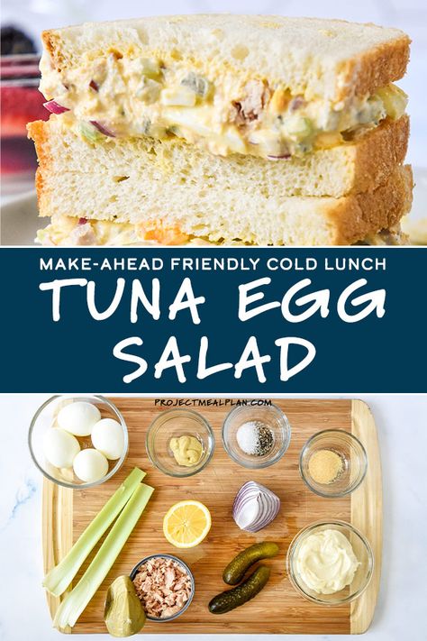 If tuna salad and egg salad had a salad baby, it would be this delicious Tuna Egg Salad! This simple make-ahead cold lunch works great for meal prep or a picnic option. Turn it into a sandwich, lettuce wraps or dip for pita chips! #coldlunch #mealprep ProjectMealPlan.com Egg Salad Meal Prep, Egg Salad Meal, Tuna Egg Salad, Bento Meals, Noom Recipes, Cold Lunch, Tuna And Egg, Tuna Salad Sandwich, Healthy Food Habits