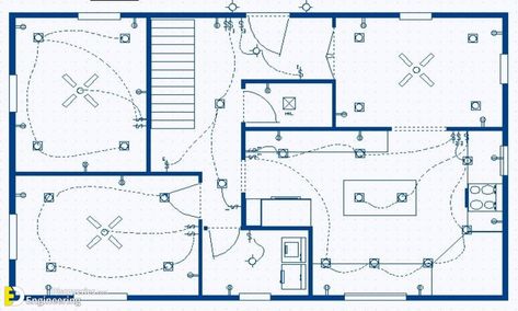 Electrical House Plan details - Engineering Discoveries Kitchen Recessed Lighting Layout, Recessed Lighting Layout, Home Electrical Wiring, House Wiring, Electrical Layout, Lighting Plan, Plan Drawing, Electrical Plan, Electrical Installation