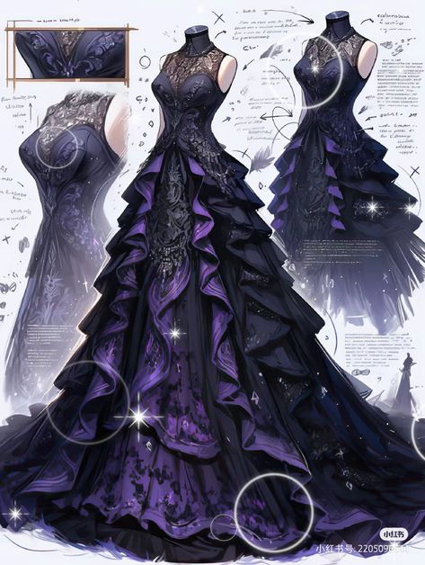 Black And Purple Dress Formal, Purple Queen Dress, Purple Fantasy Dress, Purple Gothic Dress, Demon Dress, Black And Purple Dress, Villain Dresses, Black Gown Dress, Dark Purple Dresses