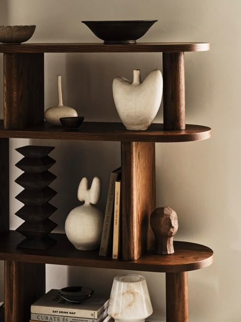 Oak Shelving Unit, Sculptural Chair, Soho Home, Shelving Design, Renovation Tips, Oak Shelves, Living Room And Dining Room, Soho House, Room Partition