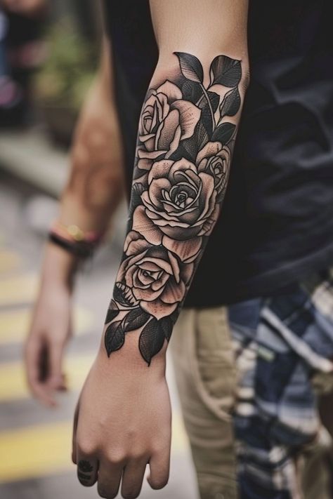 Explore the best meaningful forearm tattoo ideas for men with designs that carry deep significance. Men Forearm Flower Tattoos, Rose Garden Tattoo Sleeve, Forearm Flower Tattoo Men, Sleeve Tattoos For Guys Ideas Unique, Floral Tattoo For Men, Men Forearm Tattoos Ideas Design, Forearm Filler Tattoo, Mens Floral Tattoo, Flower Tattoo Designs For Men