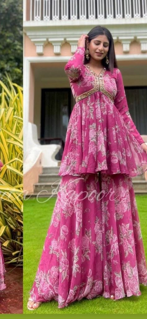 Kurti With Plazo Style, Frock Plazo Suit Designs, Lehnga Photoshoot, Lehnga Photoshoot Poses, Plazo Suit Design, Plazo Dress, Sharara Suit Designs, Desi Attire, Peplum Designs