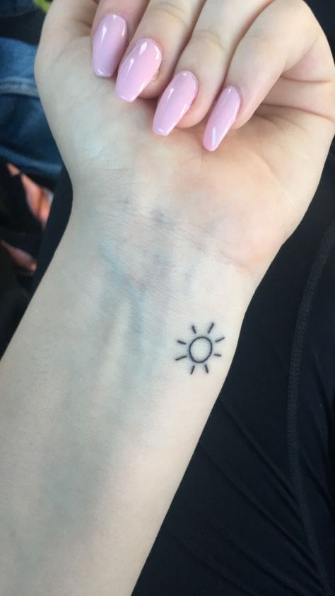 Sunshine Small Tattoo, Simple Sunshine Tattoo, Mini Sunshine Tattoo, Sunshine Tattoo Wrist, Cute Sunshine Tattoos, Small Sun Wrist Tattoos, Tiny Sunshine Tattoo, Small Sunshine Tattoo Simple, Sunshine Back Tattoo