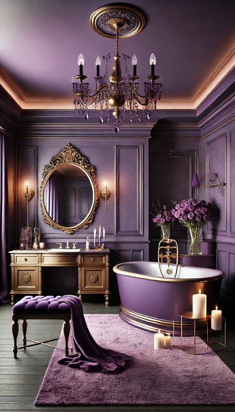 🟣 20+ Stunning Purple Bathroom Decor Ideas That Will Make You Redecorate Today! 💜✨ Purple Bathroom Decor Ideas, Dark Purple Kitchen, Dark Purple Bathroom, Purple Kitchen Cabinets, Lavender Bathroom, Elegant Bathrooms, Purple Bathroom Decor, Artistic Interior, Purple Bathroom