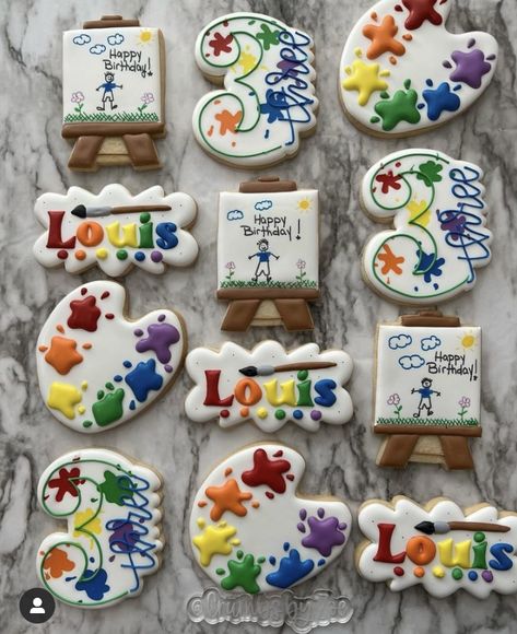 Painting Party Cookies, Art Theme Cookies, Art Themed Cookies, Art Party Cookies, Art Cookies Decorated, Artist Cookies, Artist Birthday Party, Birthday Biscuits, Art Paint Party