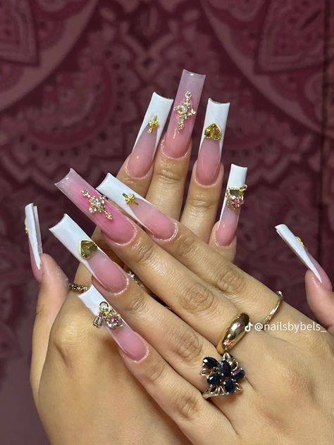 Long Nail Designs With Charms, Crown Charm Nails, Long French Tip Nails With Charms, Gold Charms Nails, Pink And Gold Acrylics, Lowrider Nail Designs, Gold Charm Nails, Nails With Gold Charms, Money Nails Designs