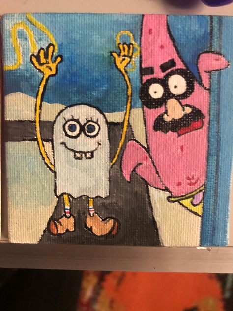 Spongebob Halloween Painting, Mini Halloween Paintings, Spooky Canvas Painting Ideas, Sketches For Painting, Halloween Paintings On Canvas Easy, Easy Spooky Paintings, Tiny Canvas Painting, Mini Canvas Ideas, Spongebob Halloween