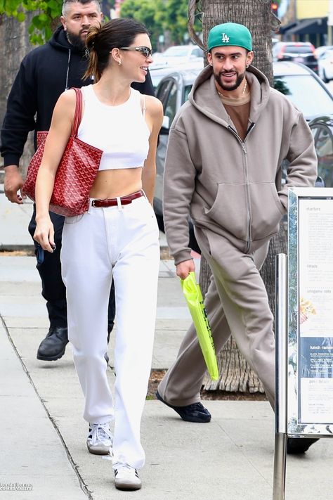 Kendall Jenner and Bad Bunny 6.15.23 Earth Toned Outfits, Kendall Jenner Casual Outfits, Kendall Jenner Casual, Philly Style, White Summer Outfits, Kendall Jenner Street Style, Kendall Style, White Crop Top Tank, Monochrome Outfit