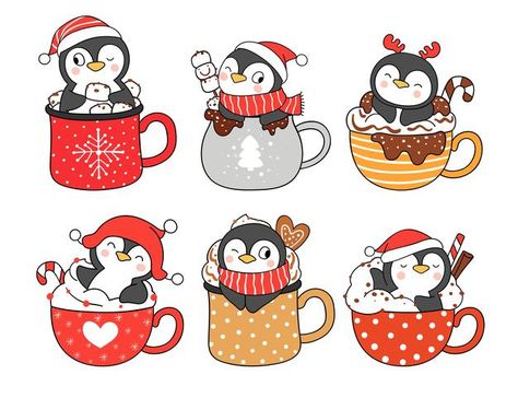 Drawing Winter Ideas, Cute Christmas Cards Ideas, Christmas Animals Drawing, Christmas Penguin Drawing, Cute Winter Drawings, Penguin Doodle, Food Invitation, Christmas Draw, Pinguin Illustration