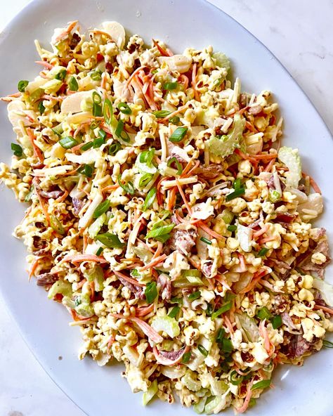 A tossed salad with various chopped vegetables and popcorn mixed in, on a large oval serving platter. Popcorn Salad Recipe, Bacon Carrots, Popcorn Salad, Chopped Vegetables, Retro Dishes, Tossed Salad, Big Salad, Party Recipes, Peanut Free