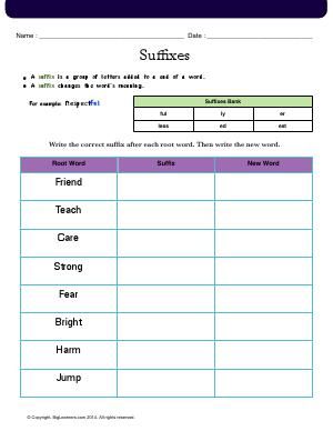 Worksheet | Suffixes | Write the correct sufﬁx after each root word. Then write the new word. Suffixes Worksheets, Root Words, English Language Arts, 5th Grades, New Words, Second Grade, 2nd Grade, Teaching Ideas, Education