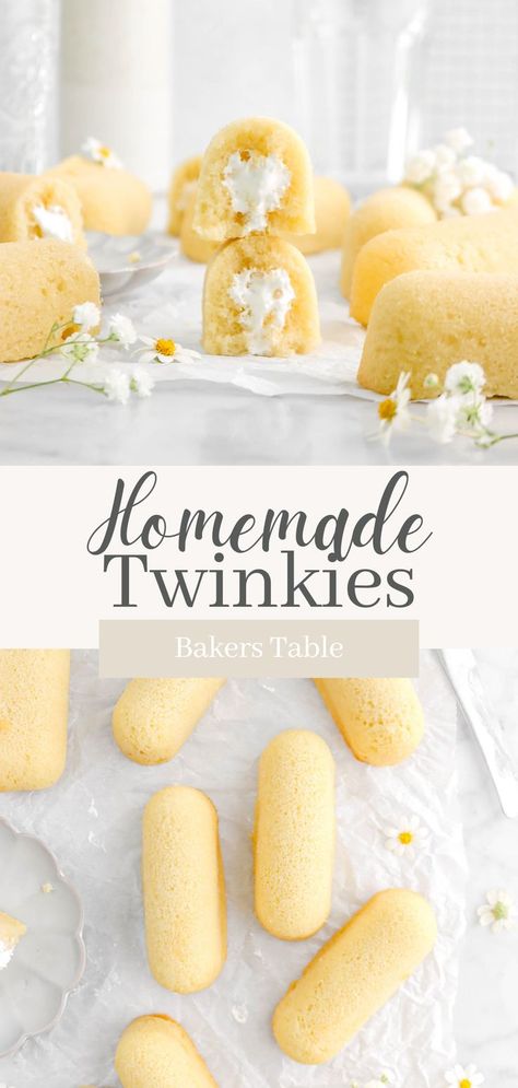 Taking it back to childhood today with these better than store-bought Homemade Twinkies. Oh yes, you can actually make twinkies at home. It’s also much easier to make than you might think and it tastes so much better than the stuff you buy in a box. A simple yellow cake filled perfectly with a lightly sweetened creme filling. Twinkie Recipe Homemade, Copycat Twinkie Recipe, How To Make Twinkies, Store Bought Foods You Can Make At Home, Home Made Twinkies, Homemade Twinkies Recipe, Twinkie Cupcake Recipe, Fun Homemade Recipes, Simple Homemade Snacks