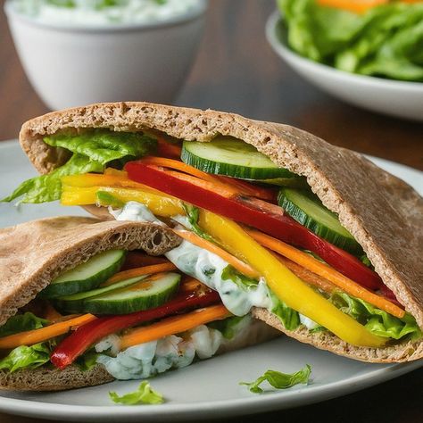 Creamy Veggie Stuffed Pita Pockets Recipe - Instacart Veggie Pita Pocket, Stuffed Pita Pockets, Veggie Pita, Pita Pocket Recipes, Stuffed Pita, Pockets Recipe, Cucumber Yogurt Sauce, Pita Recipes, Picnic Snacks