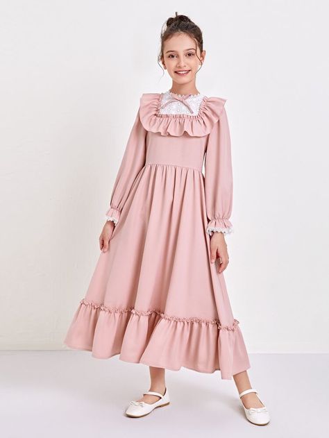 Free Returns ✓ Free Shipping On Orders $49+ ✓. SHEIN Girls Schiffy Yoke Ruffle Detail Flare Dress- Girls Dresses at SHEIN. Kids Long Dress, Modest Girls Dresses, Girls Long Dresses, Kids Frocks Design, Kids Dress Wear, Girl Dress Patterns, Girls Pink Dress