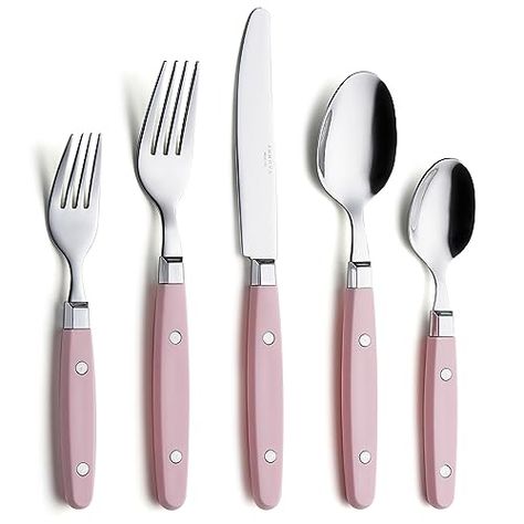 ANNOVA Silverware Set 20 Pieces Stainless Steel Color Handle With Rivet/Retro Flatware - 4 x Dinner Knife; 4 x Dinner Fork; 4 x Salad fork; 4 x Dinner Spoon; 4 x Dessert Spoon (Light Pink, 20 Pieces) Cute Silverware, Pink Silverware, Blush Pink Bedroom Decor, Pink Kitchen Appliances, Pink Utensils, Table Construction, Retro Pink Kitchens, Pink Living Room Decor, Pink Bathroom Decor