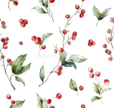 Watercolor seamless pattern of red berries, leaves and branches. Hand painted winter plant isolated on white background stock illustration Berries Watercolor, Leaves And Branches, Winter Plants, Long Red, Red Berries, Seamless Pattern, Seamless Patterns, Stock Illustration, White Background