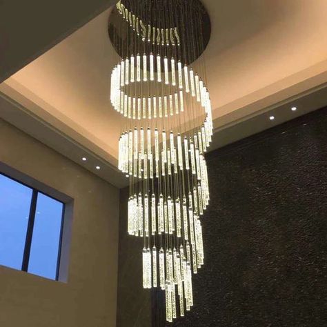 Villa Entryway, Long Lamps, Modern Chandelier High Ceiling, High Ceiling Entryway, Chandelier Staircase, Long Staircase, Entryway Stairs, Gypsum Ceiling Design, Spiral Stair