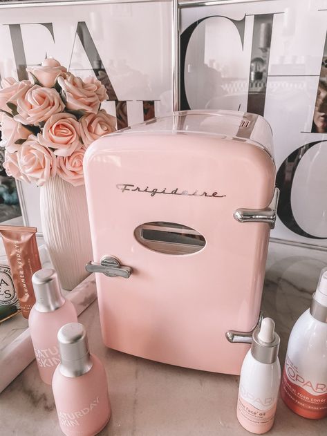 Luxury Skin Care Fridge Skin Care Fridge, Fridge Essentials, Skincare Fridge, Rose Toner, Pink Skin, Skincare Organization, Luxury Makeup, Mini Fridge, Beauty Room