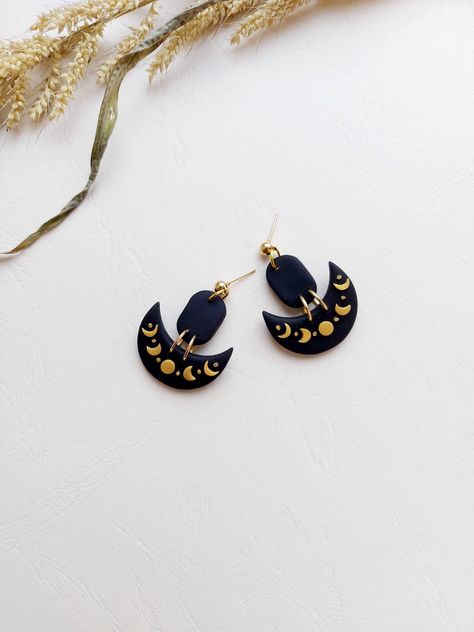 Polymer Moon Earrings, Polymer Clay Moon Phases, Diy Moon Earrings, Gothic Polymer Clay Ideas, Moon Phase Earrings, Celestial Clay Earrings, Gothic Clay Earrings, Gothic Polymer Clay Earrings, Clay Moon Earrings