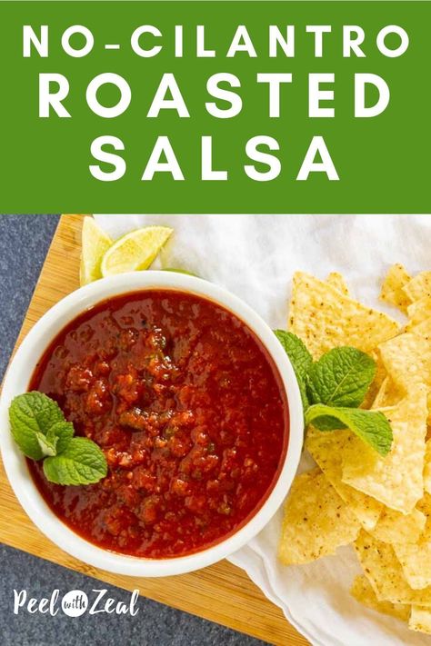 Roasted tomato salsa recipe without cilantro. Uses canned or fresh tomatoes, mint, and spicy jalapenos for a classic restaurant-style salsa. This recipe is made in a blender or food processor.  We added mint for a fun twist (not too minty- we promise!). Side note, this easy recipe is also sugar free. Share a picture when you make it. via @peelwithzeal Fresh Salsa Without Cilantro, Salsa With No Cilantro, Salsa Without Cilantro Recipes, No Cilantro Salsa, Salsa Recipe With Fresh Tomatoes No Cilantro, Homemade Salsa No Cilantro, Homemade Salsa Without Cilantro, Salsa No Cilantro, Salsa Recipe No Cilantro