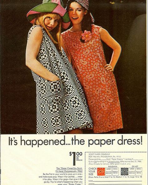 From Mademoiselle, June 1966 My mom always into fashion, ordered a paper dress in the late 60's. Make Eyes Pop, Paper Dresses, Paper Clothes, 60s And 70s Fashion, Retro Looks, Paper Dress, Glad Rags, 1960s Fashion, 60s Fashion