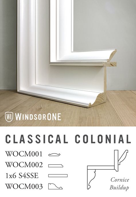 Construction of a Classical Colonial cornice, from the WindsorONE Classic American Molding Collection Colonial Style Window Trim, Colonial Trim Moldings, Colonial Molding And Trim, Colonial Wainscoting, Classic Colonial Interior, Classic Panelling, Trim Casing, Kitchen Staircase, Old Colonial Homes