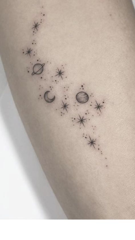 Stars Leg Tattoo, Fine Line Constellation Tattoo, Small Cosmic Tattoo, Star Sleeve Tattoos For Women, Space Tattoos Collar Bone, Space Collarbone Tattoo, Moon And Constellation Tattoo, Star And Planet Tattoo, Moon Constellation Tattoo