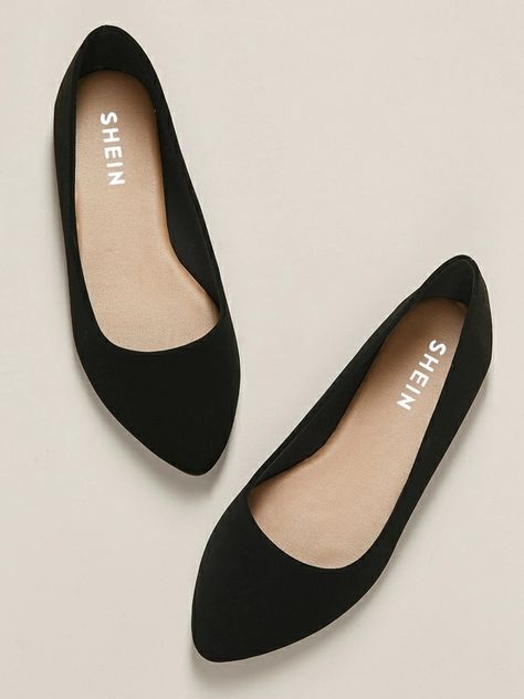 Wide Fit Pointed Toe Ballet Flats | SHEIN USA Wedges Heels, Fashion Shoes Sandals, Open Toe Slippers, Fashion Shoes Flats, Classy Shoes, Black Plain, Stunning Shoes, Women Flats, Casual Flat Shoes