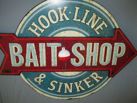 bait shop...got sign at Cracker Barrell. Bait Shop Ideas, Bait And Tackle Shop Ideas, Bait Shop Sign, Fishing Poles And Hunting Gear Sign, Diy Fishing Bait, Vintage Bait Shop Signs, Rustic Fishing Sign, Vintage Seafood Signs, Bait Shop