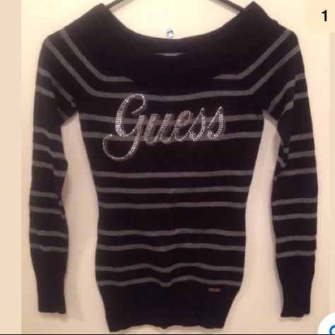 This Sweater Is Basically Brand New. However There Are 4 Little Stones Missing From The Name. Great Sweater! Y2k Rhinestone Top, Black And Grey Striped Sweater, Guess Clothing, Guess Sweater, Mcbling Fashion, Y2k Rhinestone, Boutique Couture, Rhinestone Top, Y2k Sweater