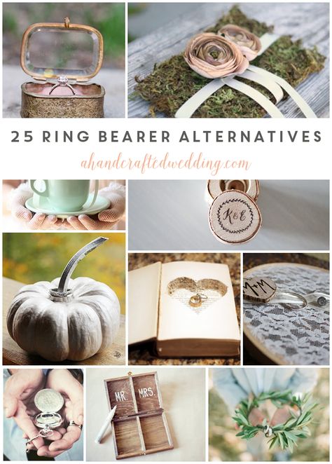 From rustic to vintage, beach-inspired to bohemian, here are 25 ring bearer pillow alternatives that can be put together on even the tiniest of budgets. MountainModernLife.com Ring Bearer Pillow Alternative, Oval Emerald Ring, Rustic Ring Bearers, Mesh Jewelry, Ring Bearer Flower Girl, Ring Bear, Ring Bearers, Rustic Rings, Ring Bearer Box