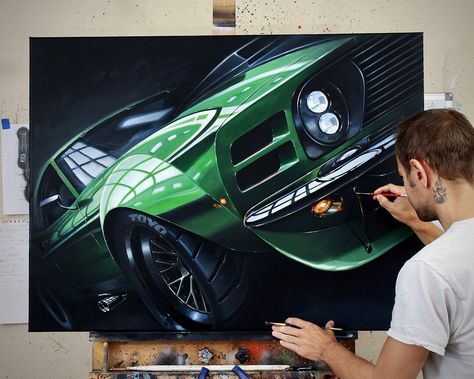 Cars Oil Painting, Car Painting On Canvas, Car Paintings Acrylic, Ruffian Mustang, Car Painting Easy, Car Acrylic Painting, Car Painting Ideas, Big Acrylic Painting, Mustang Painting