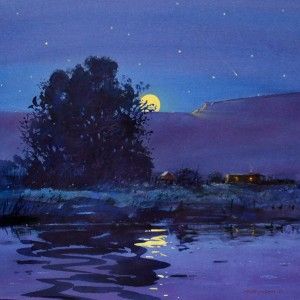 Summer Night Painting, Night Watercolor, Moon Watercolor, Southwest Landscape, Watercolor Mixed Media, Summer Watercolor, Moonlight Painting, Moon Painting, Time Painting