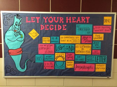 Bulletin Board: "Let Your Heart Decide." Aladdin theme with ways to show love towards yourself. Aladdin Theme, Ra Inspiration, Dorm Themes, Teacher Appreciation Themes, College Bulletin Boards, Disney Themed Classroom, Ra Themes, Work Bulletin Boards, Book Character Day