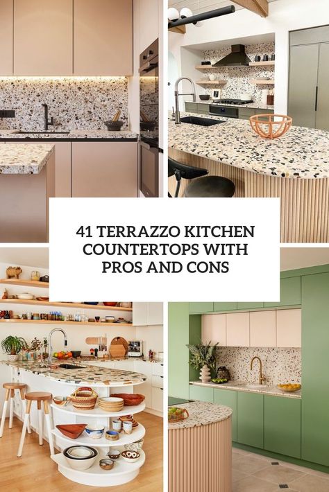 terrazzo kitchen countertops with pros and cons cover Green Terrazzo Kitchen Countertops, Terrazzo Kitchen Counters, Terrazo Countertop Bar, Terrazzo Quartz Countertop, Terrazo Kitchen Counter, Terazzo Kitchen Counter, Terrazzo Kitchen Counter, Terrazzo Counters, Terrazo Countertop