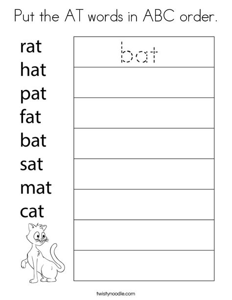 Put the AT words in ABC order Coloring Page - Twisty Noodle Alphabet Order Worksheets, Alphabetical Order Activities, Alphabetical Order Worksheets, Abc Order Worksheet, Fun Activites, Number Words Worksheets, At Words, Twisty Noodle, 2nd Grade Ela