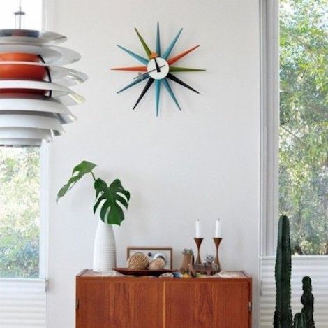 Sunburst Clock, Retro Interior Design, Mid Century Modern Living, Mid Century Modern Interiors, Wall Clock Design, Century Decor, Retro Interior, George Nelson, Charles Eames