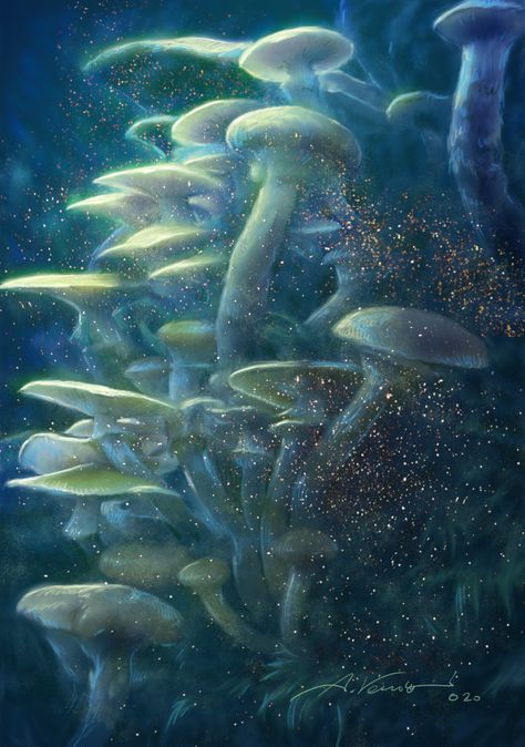 ArtStation - Magical Spores, Antonello Venditti Fantasy Mushroom Forest, Fantasy World Mushroom, Bioluminescent Mushrooms, Blue Fairytale Mushrooms, Mushroom Bioluminescent, Mushroom Spores, Fantasy Artwork, Digital Painting, Dungeons And Dragons