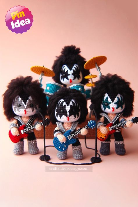 Crochet KISS Dolls are a perfect blend of rock culture and handmade artistry. Kiss Band Crochet Pattern, Rock Crochet Pattern, The Beatles Crochet Pattern, Motley Crue Crochet, Crochet Kiss, Rock Crochet, Crochet Kiss Band Dolls, Crochet Elvis Doll, Rock Culture