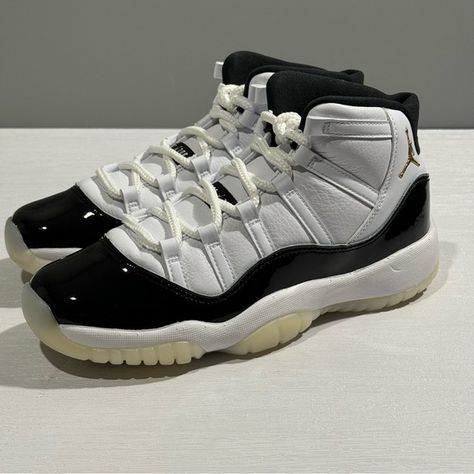 Jordan 11 Retro DMP Gratitude Sneakers. GS Size 7Y/8.5W Brand New  Authentic School Yard, Jordan 11 Retro, Kids On The Block, Grade School, Jordan 11, The Block, Gold Accents, Cool Kids, Gratitude