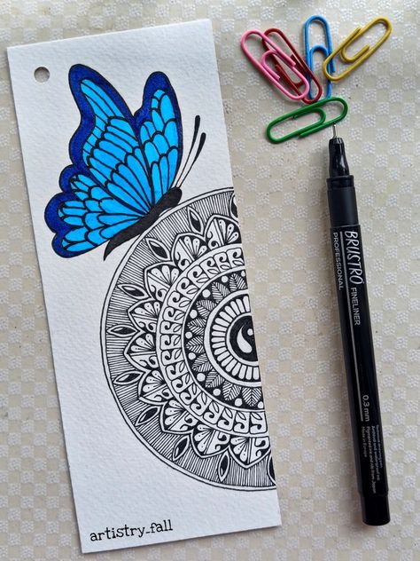 I have made this butterfly bookmark as I like to draw butterflies. मंडला आर��्ट Drawing, Butterfly Mandala Art Colorful, Easy Mandala Bookmark, Butterfly Mandala Design, Butterfly Doodle, Mandala Bookmark, Painted Mirror Art, Butterfly Bookmark, Mandala Book